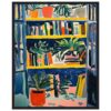 Vive con colores vibrantes en una pintura moderna de estanterías con plantas y libros en estilo abstracto.