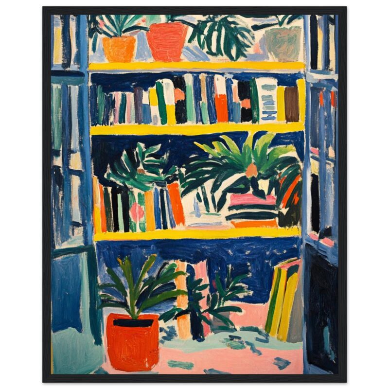 Vive con colores vibrantes en una pintura moderna de estanterías con plantas y libros en estilo abstracto.