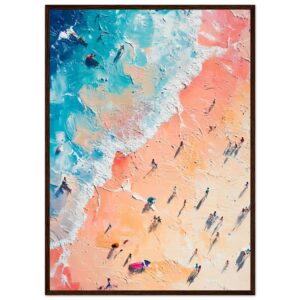Atletas en la playa pintados en estilo abstracto, obra artística moderna, arte con colores vibrantes, pintura de oceano, creación artística digital.