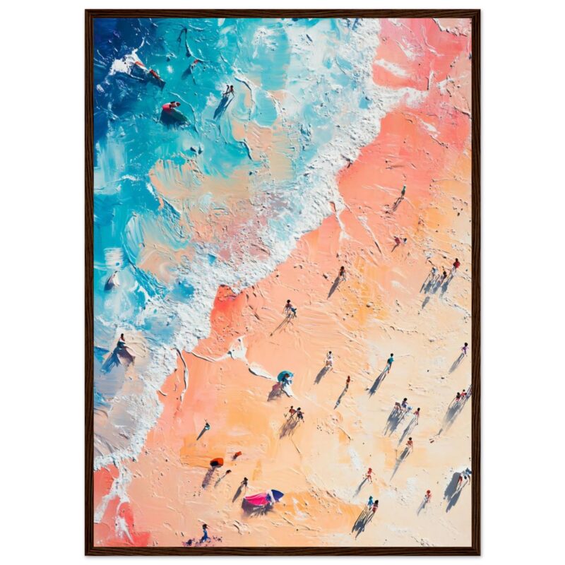 Atletas en la playa pintados en estilo abstracto, obra artística moderna, arte con colores vibrantes, pintura de oceano, creación artística digital.