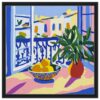 Noche en la terraza con plantas, limones y vista a casas coloridas, estilo artístico modernista y vibrante.