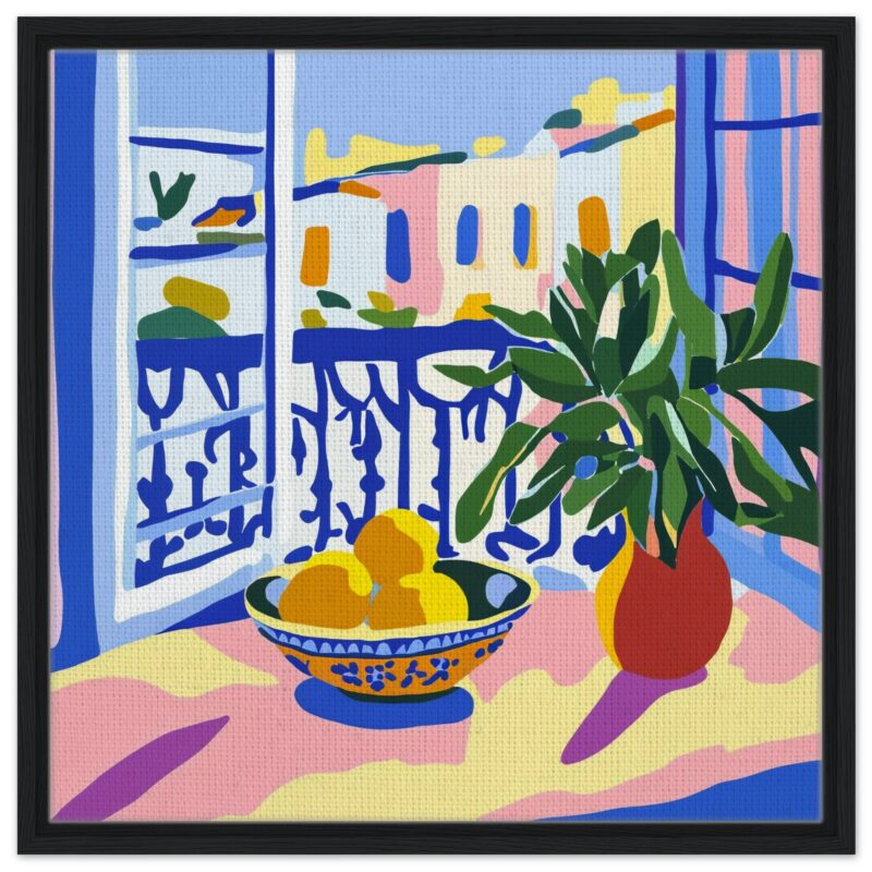 Noche en la terraza con plantas, limones y vista a casas coloridas, estilo artístico modernista y vibrante.