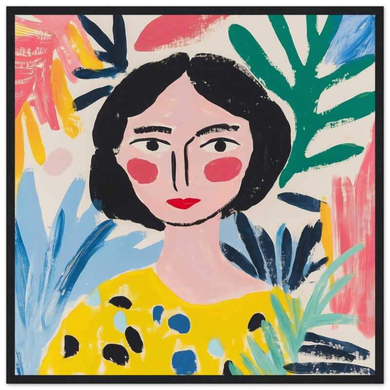 Retrato colorido de mujer en estilo abstracto, arte moderno y pintura decorativa, fondos tropicales y flora vibrante.