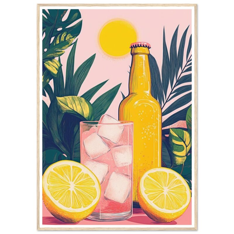 Botella de cerveza con hielo y limón, ilustración moderna y colorida.