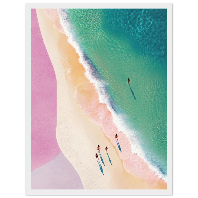 At text only: Paisaje de playa desde el aire con colores pastel y personas caminando junto al mar.