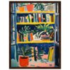 Jarrón con plantas y estantería de libros en estilo pintura expresionista.