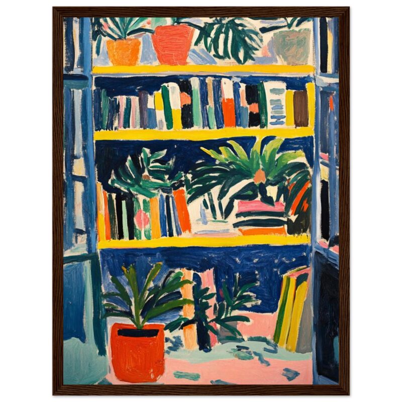 Jarrón con plantas y estantería de libros en estilo pintura expresionista.