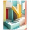 Puerta de entrada con escaleras coloridas en estilo moderno y minimalista.