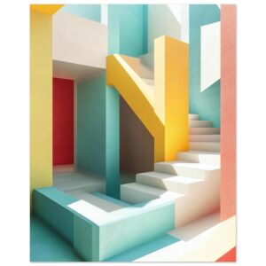 Puerta de entrada con escaleras coloridas en estilo moderno y minimalista.