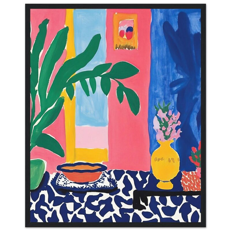 30aafa99-6d0e-47b6-86bf-d7cd3dfcaaac.jpg Colores vibrantes en pintura moderna de interior con plantas y jarrones.