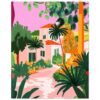 Casa con jardines tropicales y palmeras en estilo ilustración digital.