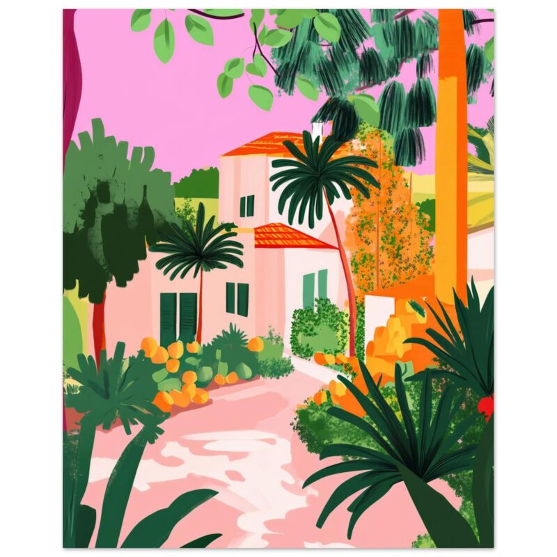 Casa con jardines tropicales y palmeras en estilo ilustración digital.