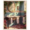 31830d22-65cb-491f-baaa-1e9ea375153c.jpg Lavabo vintage con azulejos decorativos y flores en el baño, estilo romántico y acogedor.