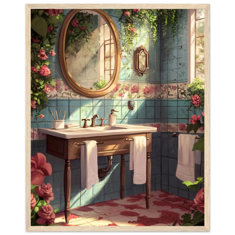 31830d22-65cb-491f-baaa-1e9ea375153c.jpg Lavabo vintage con azulejos decorativos y flores en el baño, estilo romántico y acogedor.