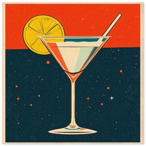 Cóctel de estilo retro con limón en fondo de estrellas, diseño digital moderno, arte para bares, ilustración vintage, decoración de espacios.