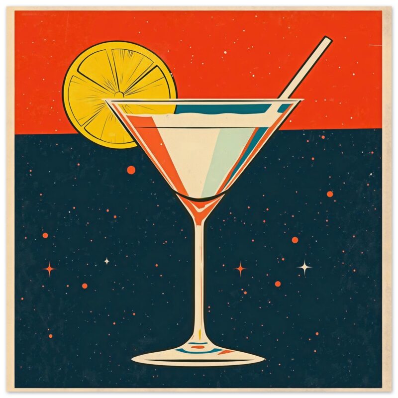 Cóctel de estilo retro con limón en fondo de estrellas, diseño digital moderno, arte para bares, ilustración vintage, decoración de espacios.