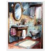 Arton estilo vintage de baño con lavabo de madera y espejo ovalado, decoración clásica y flores, ilustración pintada a mano.