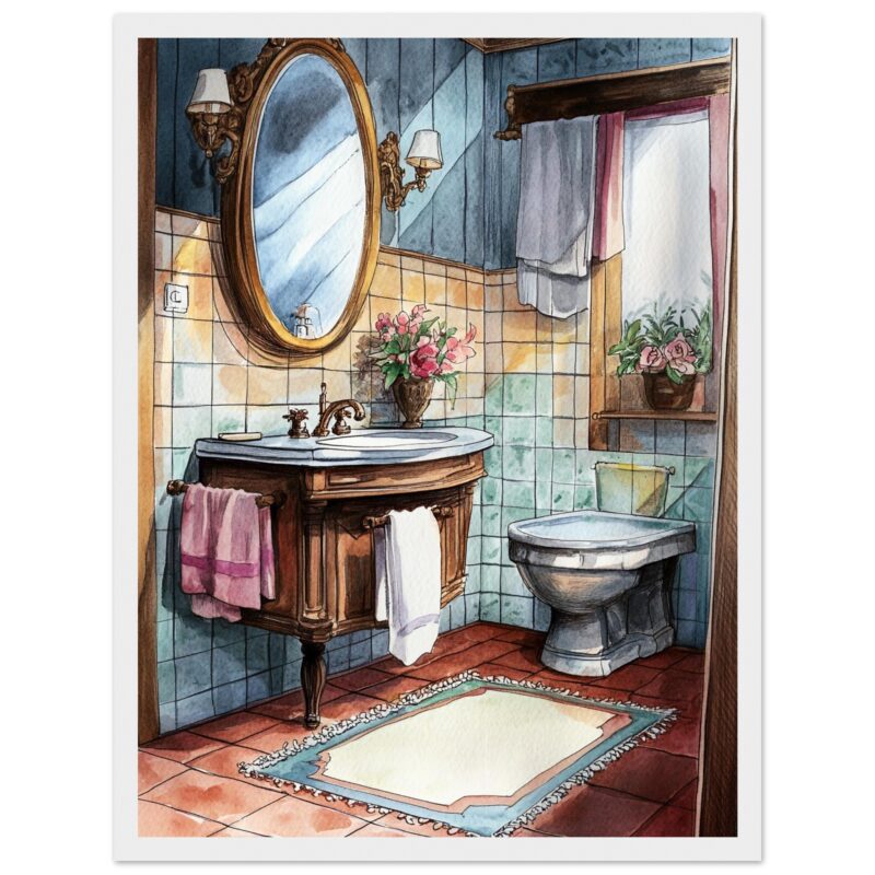 Arton estilo vintage de baño con lavabo de madera y espejo ovalado, decoración clásica y flores, ilustración pintada a mano.