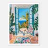 Puerta abierta con vista al mar y plantas tropicales, estilo pintura artística.