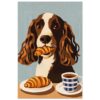 Perro con croissant en boca y taza de café, estilo ilustración moderna y artística.