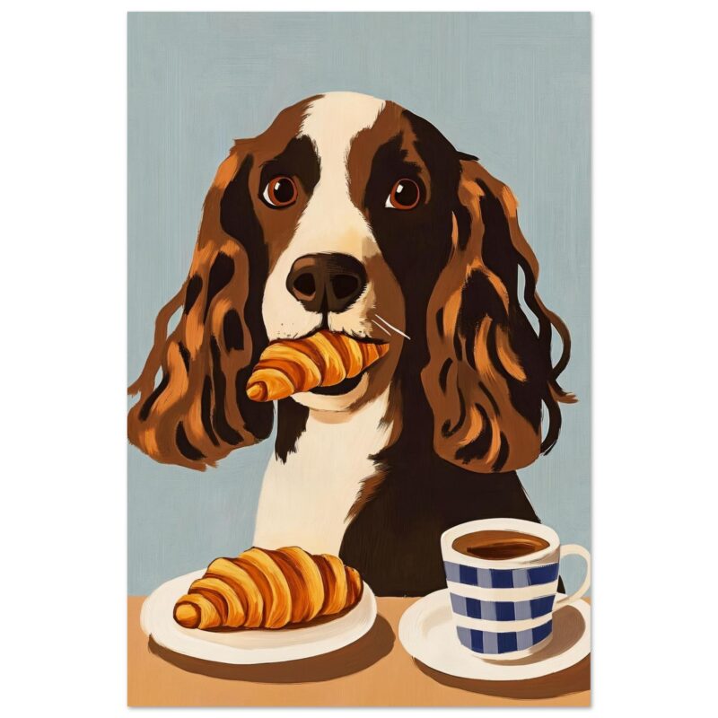 Perro con croissant en boca y taza de café, estilo ilustración moderna y artística.