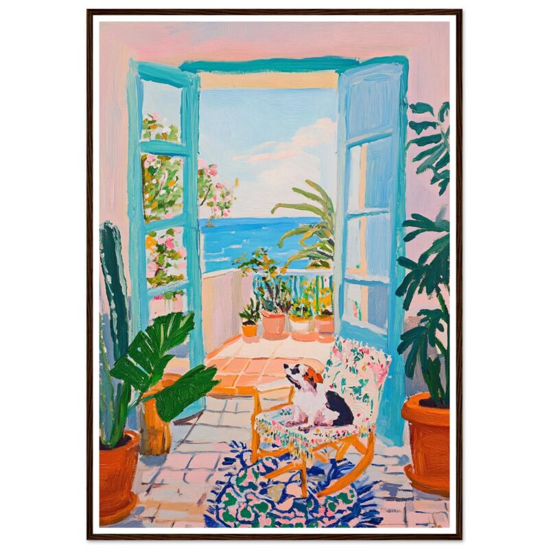 Puerta abierta con vista al mar, estilo impresionista, cuadro colorido y vibrante, jardines y naturaleza, arte decorativo para hogar, Digiart Studio.