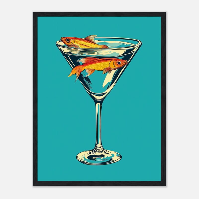 Brocheta de peixes en copa de cóctel moderna estilo digital, arte contemporáneo, ilustración colorida y llamativa, decoración original para espacios creativos.