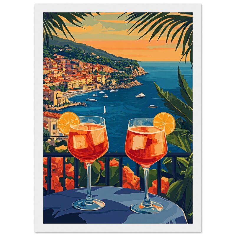 Vistas pintadas de la costa de Cinque Terre con dos copas de Aperol Spritz al atardecer.