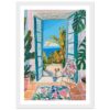 Ventana con vista al mar, decoración tropical, espacio interior con plantas exóticas, arte digital para decoraciones de verano.