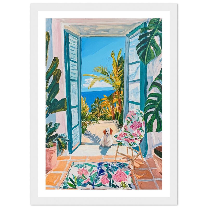 Ventana con vista al mar, decoración tropical, espacio interior con plantas exóticas, arte digital para decoraciones de verano.
