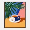 Taza de café con ambiente moderno y colorido, decoración de estilo minimalista en ilustración digital.