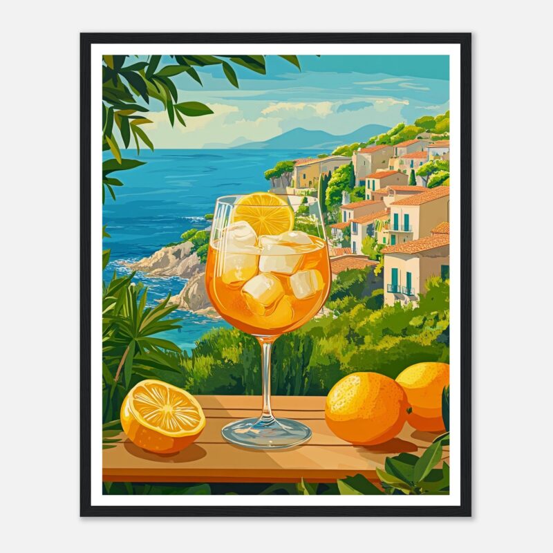 Refresco de naranja con hielo y rodaja de limón en un paisaje costero con casas blancas y mar en el fondo.