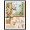 Flores decorativas en un baño con espejo y accesorios de baño modernos.