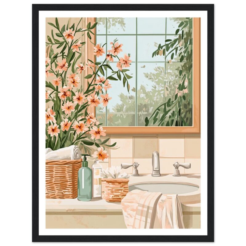 Flores decorativas en un baño con espejo y accesorios de baño modernos.