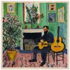 Guitarrista en un salón con plantas y cuadros, estilo pintura expresionista, arte moderno, decoración artística, ambiente musical y cultural.