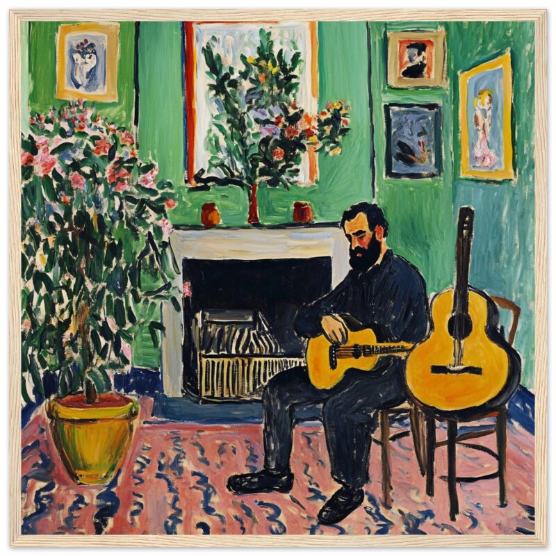 Guitarrista en un salón con plantas y cuadros, estilo pintura expresionista, arte moderno, decoración artística, ambiente musical y cultural.