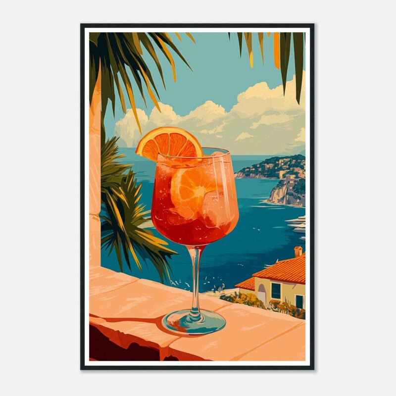 Vaso de cóctel con naranja en paisaje mediterráneo, estilo digital.