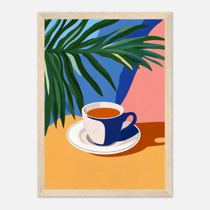 Taza de café con estilo moderno y minimalista, decorado con planta y colores vibrantes.