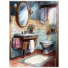 Diseño de baño con estilo clásico y detalles en madera, flores y azulejos color beige y azul.
