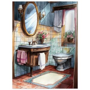 Diseño de baño con estilo clásico y detalles en madera, flores y azulejos color beige y azul.
