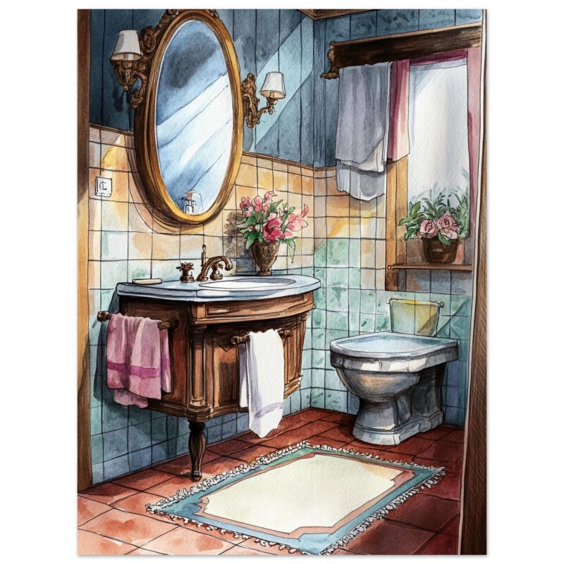 Diseño de baño con estilo clásico y detalles en madera, flores y azulejos color beige y azul.