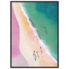 - Imagen de arte digital de playa con olas y personas disfruttando del mar en estilo minimalista y colorido.