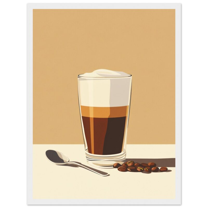 Espresso con leche en vaso, crema y granos de café, ilustración digital artística.