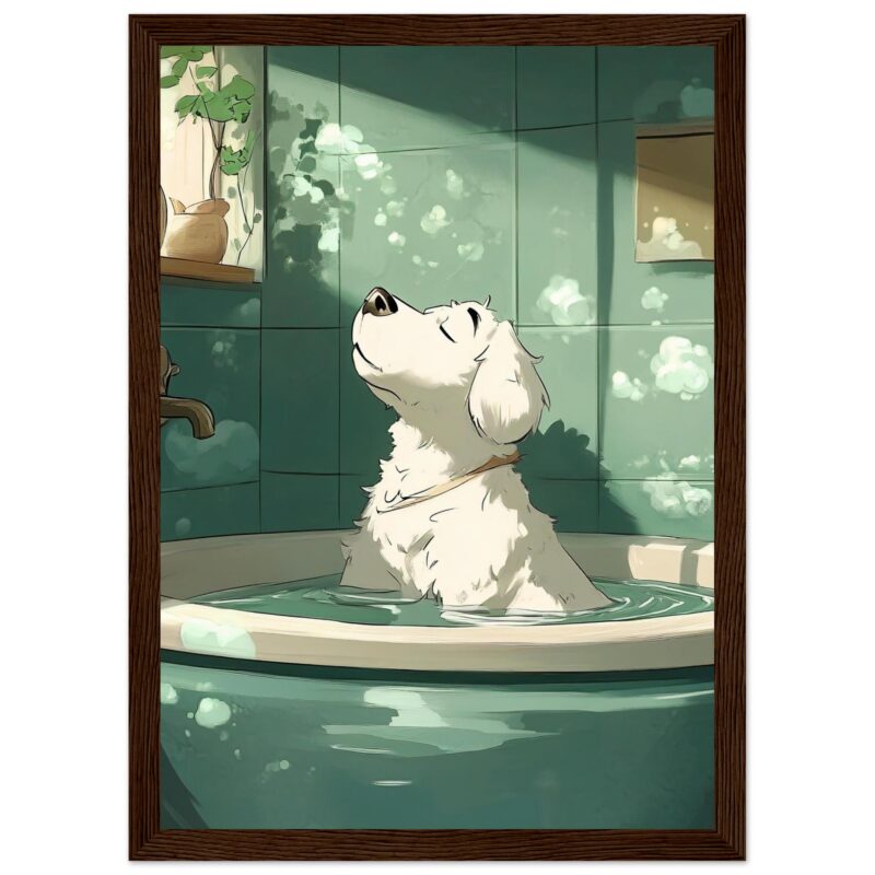 36dac7b1-700f-4495-905b-89ffc84878e2.jpg Relajación de un perro en bañera con efecto artístico, estilo ilustración digital, ambiente tranquilo, ideal para contenido de mascotas y bienestar.