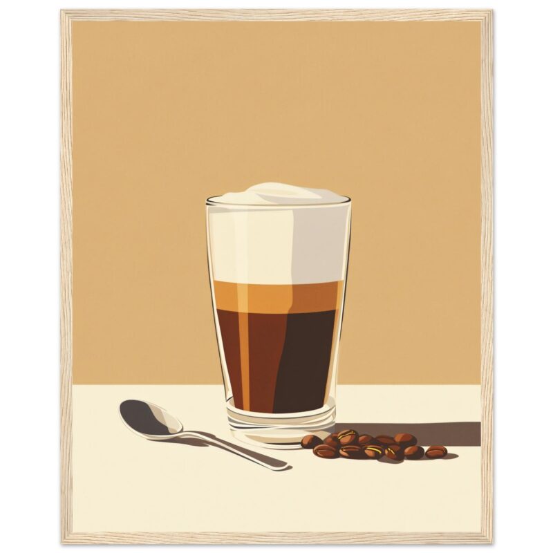 Dibujo de un café con leche en vaso, arte digital de café y espuma, ilustración para amantes del café, estilo minimalista y moderno.