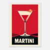 Cóctel Martini en estilo vintage, ilustración gráfica con fondo rojo, diseño elegante para cartel o publicidad.
