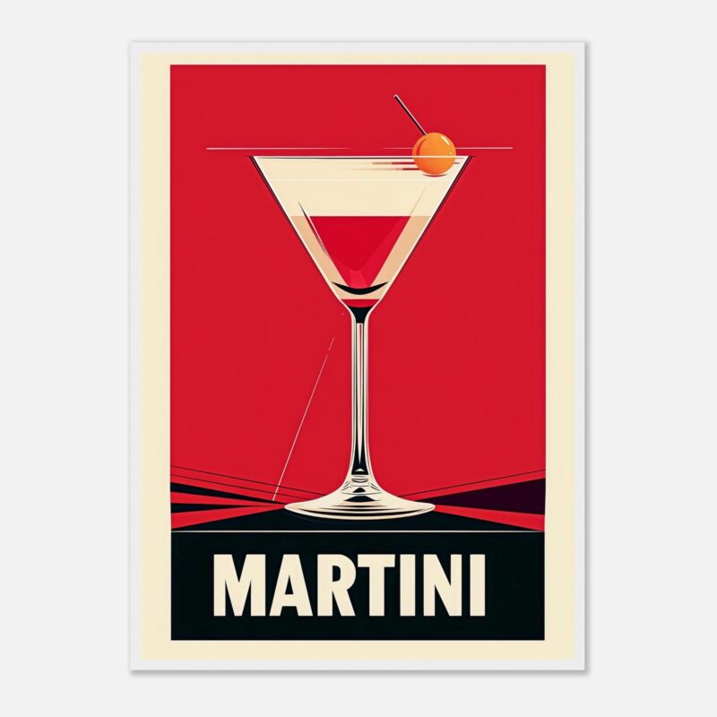 Cóctel Martini en estilo vintage, ilustración gráfica con fondo rojo, diseño elegante para cartel o publicidad.