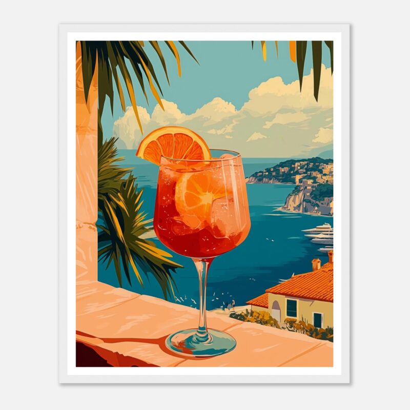 Refresco de naranja con hielo y vista al mar en la costa italiana, estilo digital.