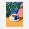 Taza de café con fondo abstracto y plantas verdes en estilo moderno digital.