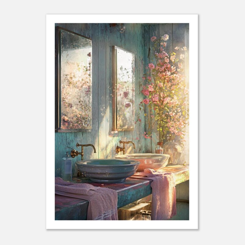 Lavabo vintage con espejos y flores en la pared, decoración romántica y elegante en baño.